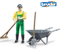 Landwirt mit Schubkarre- Mistgabel und Rechen