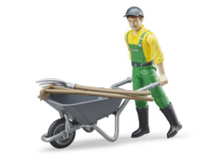 Landwirt mit Schubkarre- Mistgabel und Rechen