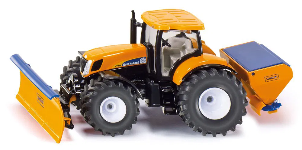 New Holland mit Räumschild und Streuer